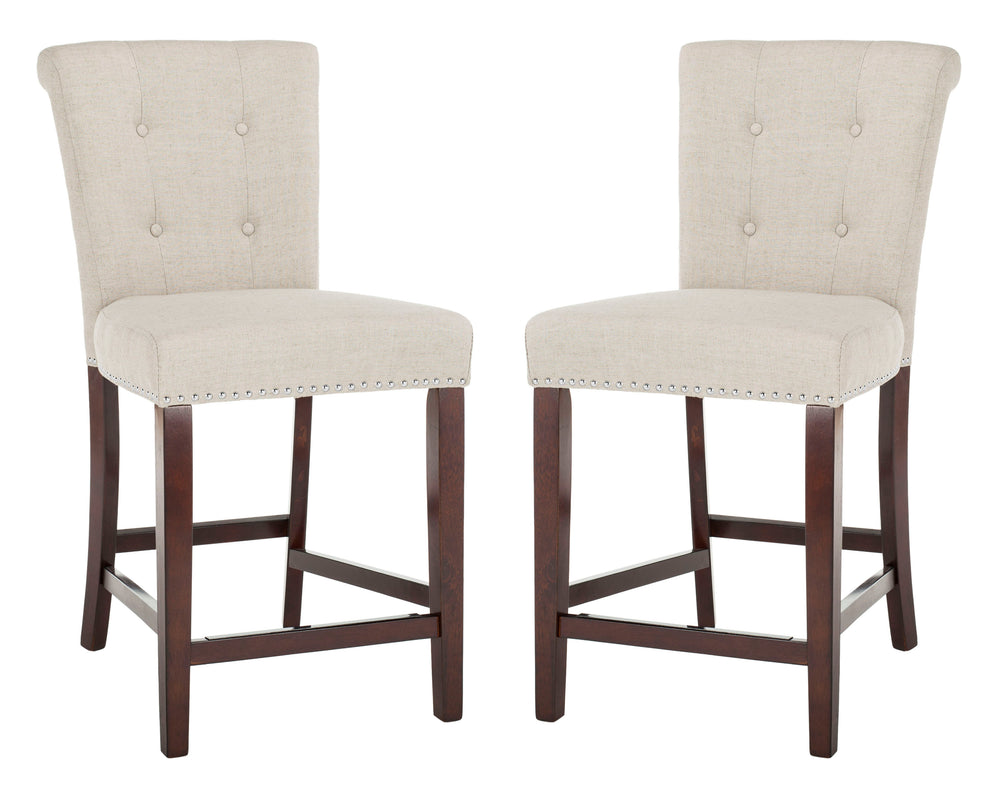 Taylor Modern Counter Stool Set of 2 - Elegant Wood Frame with Tufted Light Grey Linen Upholstery