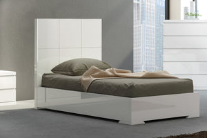 Anna Bed Twin, Squares Design In Headboard, High Gloss White