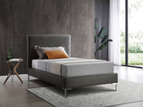 Liz Twin Bed , Fully Upholstered Dark Gray Faux Leather, Chrome Legs