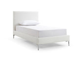 Liz Twin Bed, Fully Upholstered White Faux Leather, Chrome Legs