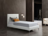 Liz Twin Bed, Fully Upholstered White Faux Leather, Chrome Legs