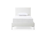 Liz Twin Bed, Fully Upholstered White Faux Leather, Chrome Legs