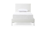 Liz Twin Bed, Fully Upholstered White Faux Leather, Chrome Legs