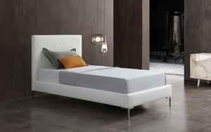 Liz Twin Bed, Fully Upholstered White Faux Leather, Chrome Legs