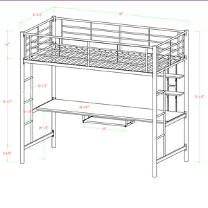 Premium Metal Twin Loft Bed with Workstation- Black
