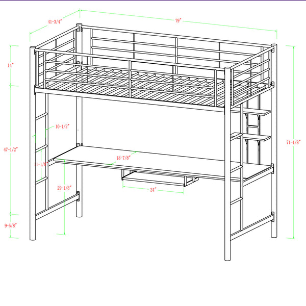 Premium Metal Twin Loft Bed with Workstation- Black