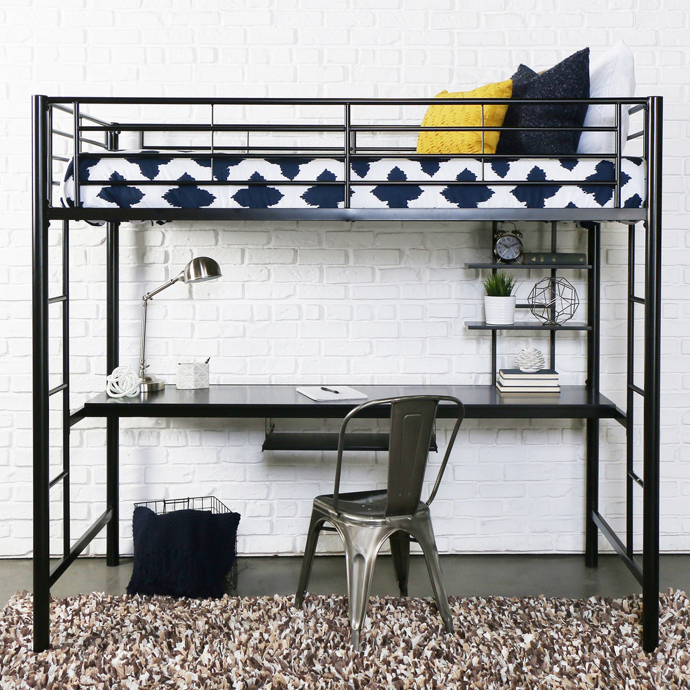 Premium Metal Twin Loft Bed with Workstation- Black