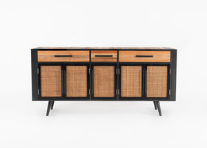 Nordic Rattan Buffet 5 Doors 3 Drawers in Natural Boat Wood with Recycled Boat Wood, Split Rattan & Iron