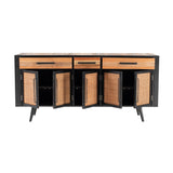 Nordic Rattan Buffet 5 Doors 3 Drawers in Natural Boat Wood with Recycled Boat Wood, Split Rattan & Iron