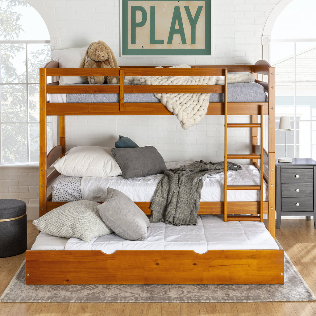 Solid Wood Twin over Twin Bunk Bed + Storage/Trundle Bed - Honey