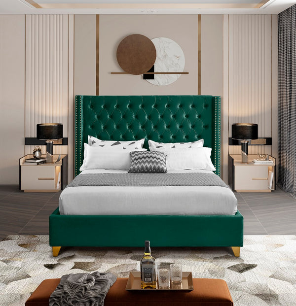 Barolo Velvet / Engineered Wood / Metal / Foam Contemporary Green Velvet King Bed - 88" W x 86" D x 56" H