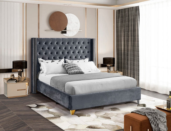 Barolo Velvet / Engineered Wood / Metal / Foam Contemporary Grey Velvet King Bed - 88" W x 86" D x 56" H