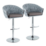 Braided Matisse Contemporary Adjustable Bar Stool in Chrome with Rounded T Footrest and Blue Fabric with Grey Faux Leather Seat by LumiSource - Set of 2