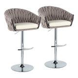 Braided Matisse Contemporary Adjustable Bar Stool in Chrome with Rounded T Footrest and Grey Fabric with Cream Faux Leather Seat by LumiSource - Set of 2