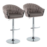 Braided Matisse Contemporary Adjustable Bar Stool in Chrome with Rounded T Footrest and Grey Fabric with Grey Faux Leather Seat by LumiSource - Set of 2