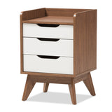 Brighton Mid-Century Modern White and Walnut Wood 3-Drawer Storage Nightstand
