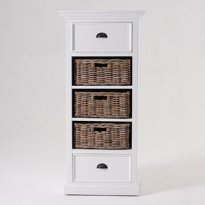 Halifax Grand White Mahogany Storage Unit with Kubu Rattan Baskets & Antique Brass Hardware Design