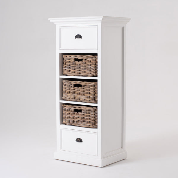 Halifax Grand White Mahogany Storage Unit with Kubu Rattan Baskets & Antique Brass Hardware Design