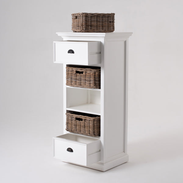 Halifax Grand White Mahogany Storage Unit with Kubu Rattan Baskets & Antique Brass Hardware Design