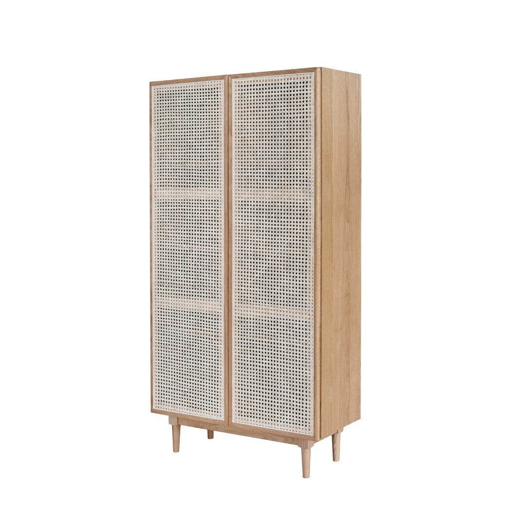 Cane Bookcase with Full Doors - Stylish Solid Oak & Rattan Design, Rem