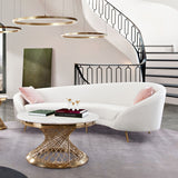 Celine Curved Sofa with Contoured Back in Light Cream Velvet and Gold Metal Legs by Diamond Sofa