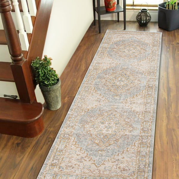 AMER Rugs Century CEN-11 Power-Loomed Medallion Transitional Area Rug Gray/Blue 2'6" x 8'