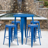 English Elm EE1612 Contemporary Commercial Grade Metal Colorful Bar Table and Stool Set Blue EEV-12817