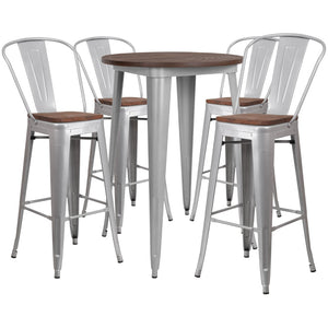English Elm EE1611 Contemporary Commercial Grade Metal/Wood Colorful Bar Table and Stool Set Silver EEV-12814