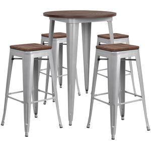 English Elm EE1606 Contemporary Commercial Grade Metal/Wood Colorful Bar Table and Stool Set Silver EEV-12776