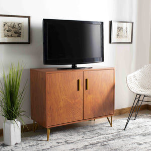 Pine Retro 2-Door Modular TV Unit - Stylish Storage with Vintage Charm & Gold Accents for Modern Homes