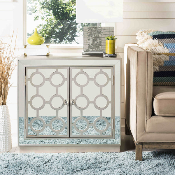 Kaia 2-Door Chest: Luxurious Storage Solution with Glamorous Mirror Panels and Chic Nickel Accents