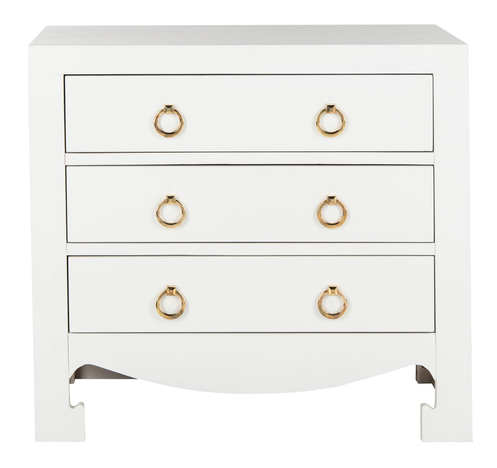 Dion Contemporary 3-Drawer Chest with Minimalist Asian Curves and Elegant Gold Ring Pulls