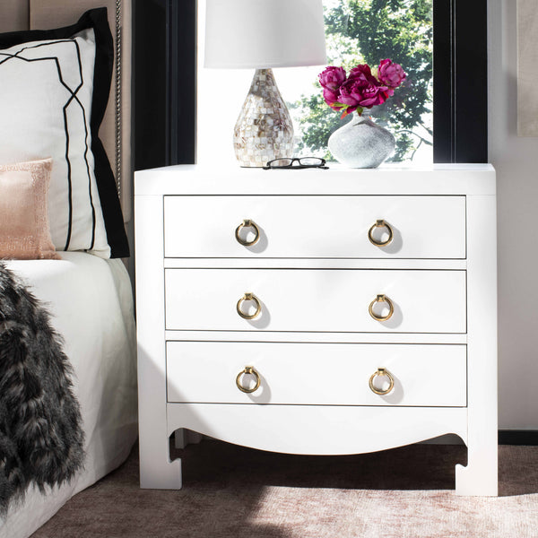 Dion Contemporary 3-Drawer Chest with Minimalist Asian Curves and Elegant Gold Ring Pulls