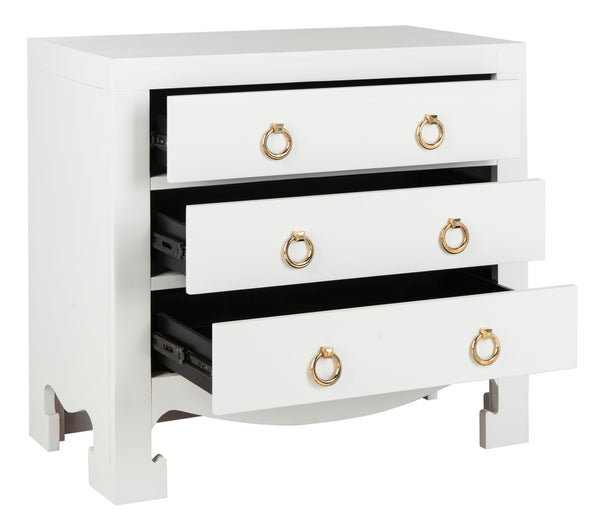 Dion Contemporary 3-Drawer Chest with Minimalist Asian Curves and Elegant Gold Ring Pulls