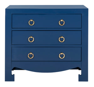 Dion Contemporary 3-Drawer Chest with Minimalist Asian Curves and Elegant Gold Ring Pulls