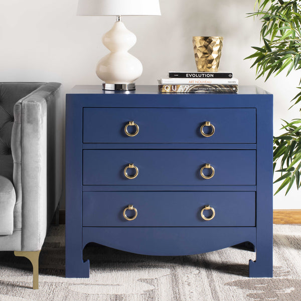 Dion Contemporary 3-Drawer Chest with Minimalist Asian Curves and Elegant Gold Ring Pulls
