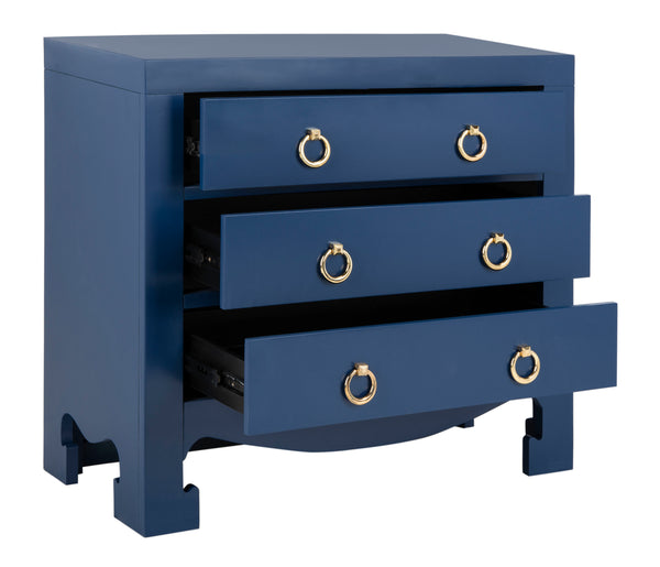 Dion Contemporary 3-Drawer Chest with Minimalist Asian Curves and Elegant Gold Ring Pulls