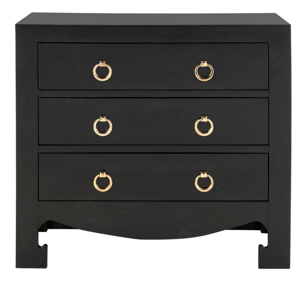 Dion Contemporary 3-Drawer Chest with Minimalist Asian Curves and Elegant Gold Ring Pulls