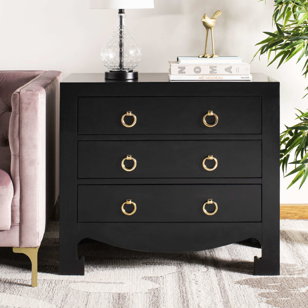 Dion Contemporary 3-Drawer Chest with Minimalist Asian Curves and Elegant Gold Ring Pulls