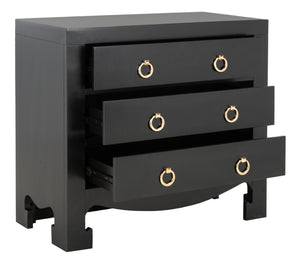 Dion Contemporary 3-Drawer Chest with Minimalist Asian Curves and Elegant Gold Ring Pulls