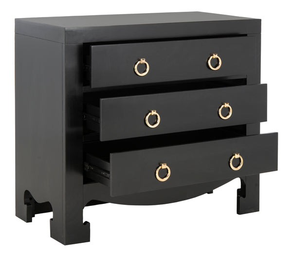 Dion Contemporary 3-Drawer Chest with Minimalist Asian Curves and Elegant Gold Ring Pulls