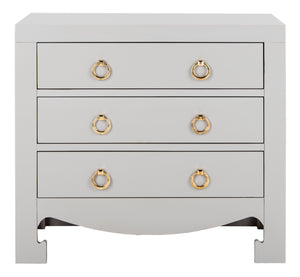 Dion Contemporary 3-Drawer Chest with Minimalist Asian Curves and Elegant Gold Ring Pulls