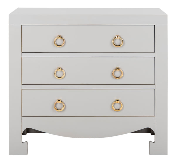 Dion Contemporary 3-Drawer Chest with Minimalist Asian Curves and Elegant Gold Ring Pulls