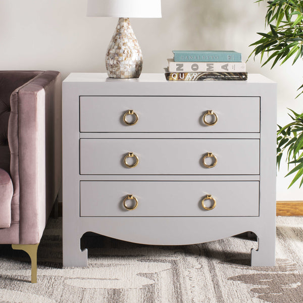 Dion Contemporary 3-Drawer Chest with Minimalist Asian Curves and Elegant Gold Ring Pulls