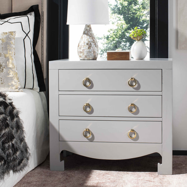 Dion Contemporary 3-Drawer Chest with Minimalist Asian Curves and Elegant Gold Ring Pulls