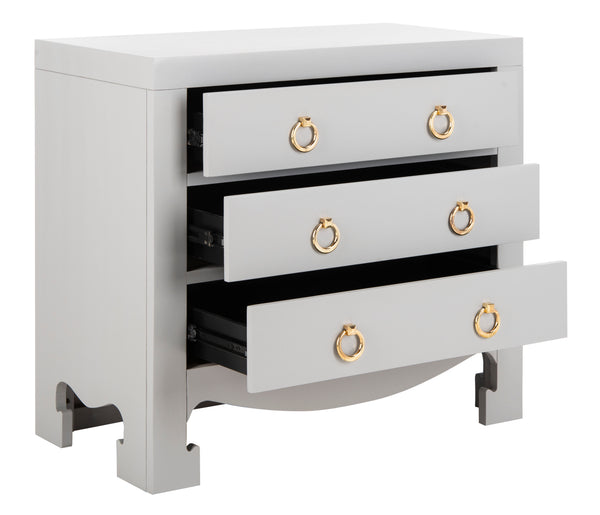 Dion Contemporary 3-Drawer Chest with Minimalist Asian Curves and Elegant Gold Ring Pulls