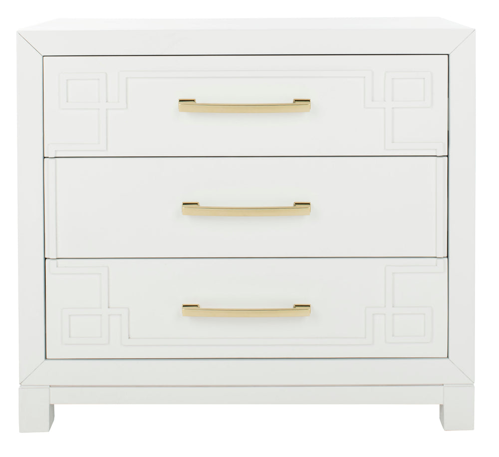 Raina Art Deco 3 Drawer Chest - Elegant Pine Storage with Gold Hardware for Stylish Living Rooms