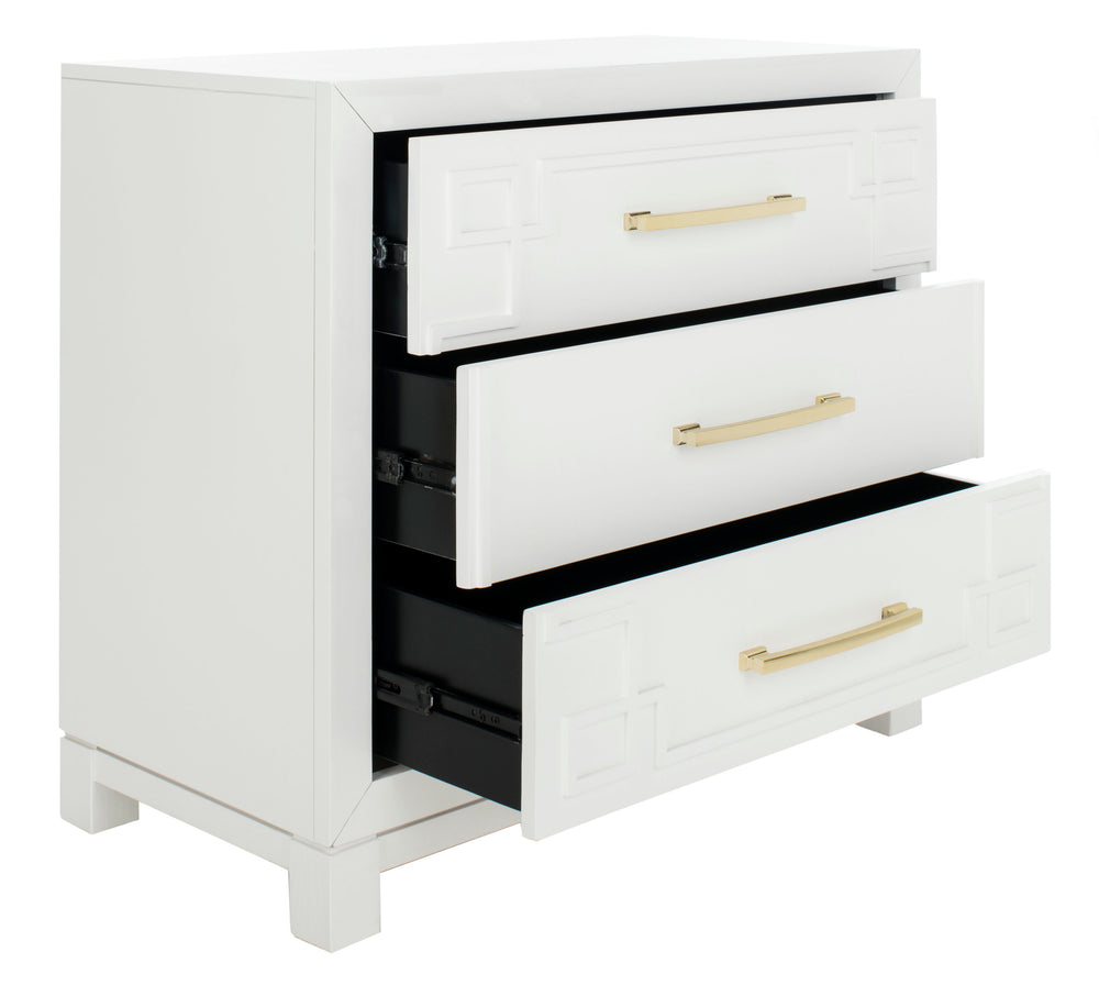 Raina Art Deco 3 Drawer Chest - Elegant Pine Storage with Gold Hardware for Stylish Living Rooms