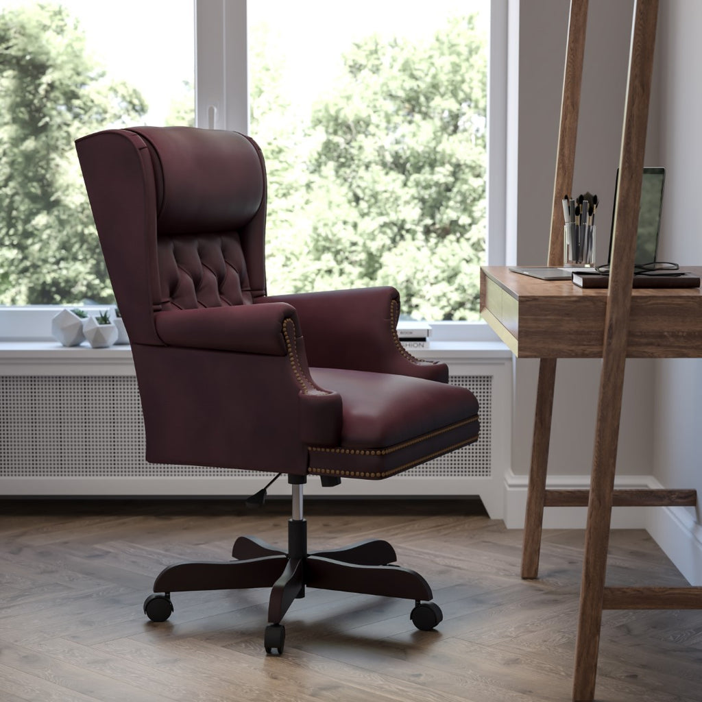 English Elm EE1654 Traditional Commercial Grade Leather Executive Office Chair Burgundy EEV-13011