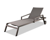 Bondi Outdoor Chaise Lounge In Aluminium Taupe Color, Taupe Textilene And Two Wheels, Stackble